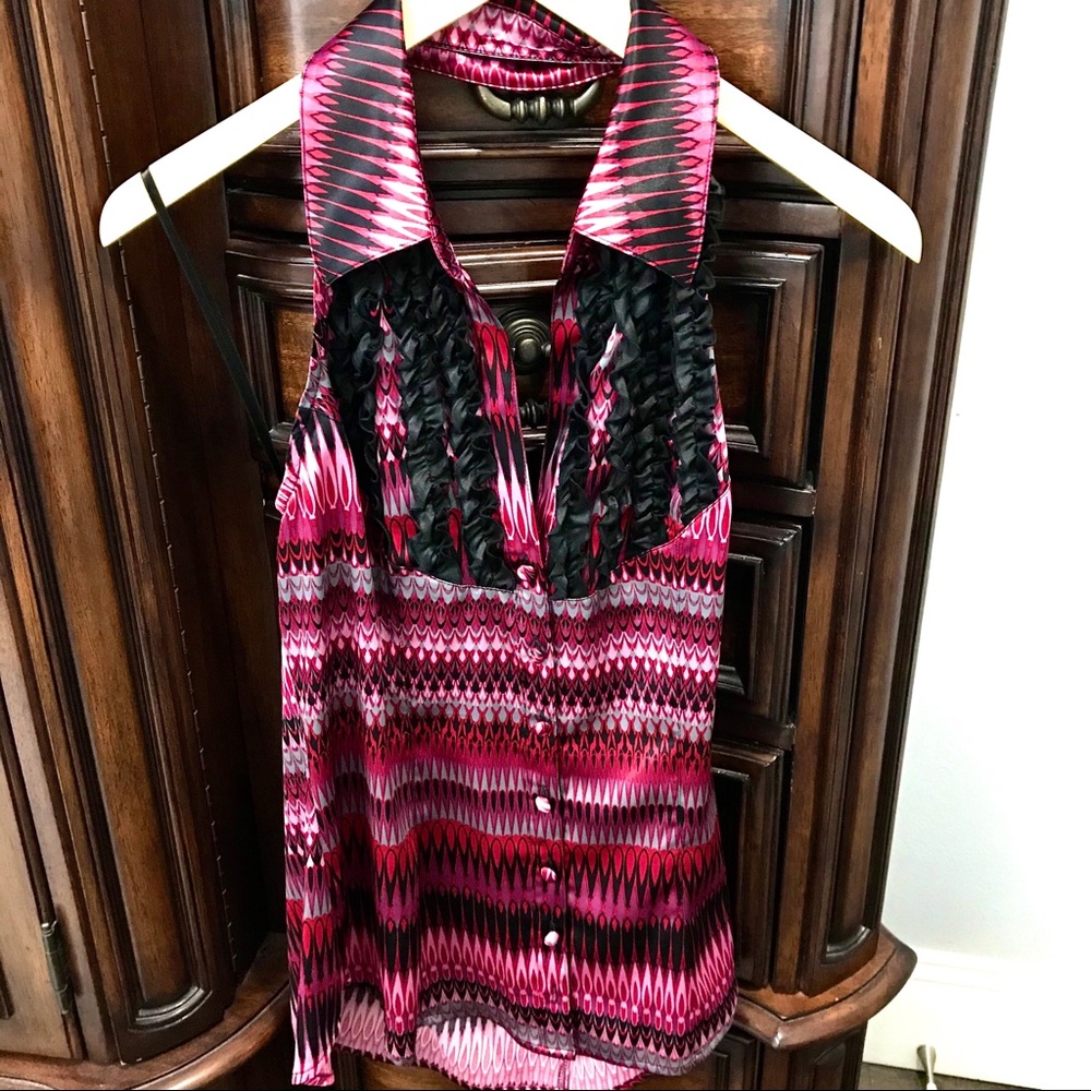 BISOU BISOU PINK RED BLACK HALTER SLEEVELESS RUFFLED BUTTON UP BLOUSE